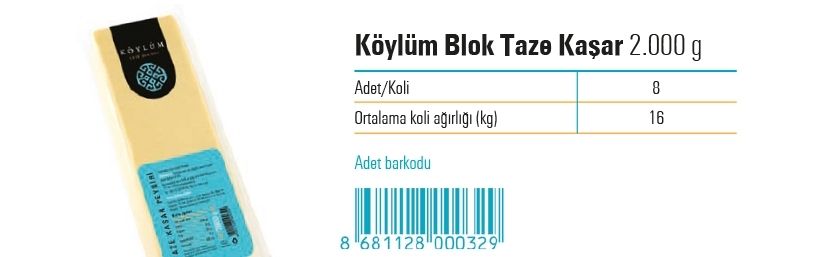 Köylüm Blok Taze Kaşar 2.000 g